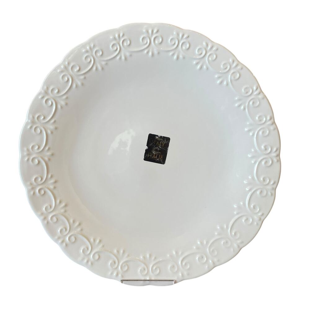 Maioliche Jessica Italy Dinner Plates 11" Stoneware Set 2 White Scroll NEW